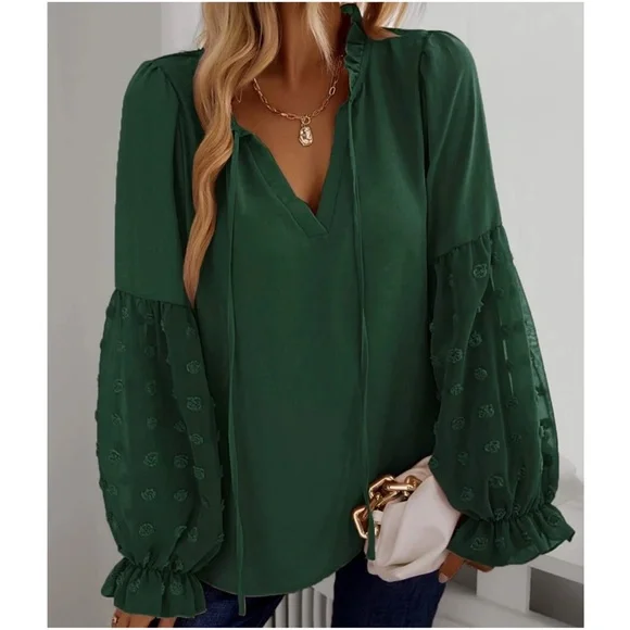 Boho Swiss Dot Sheer Sleeve Ruffle Blouse - Picture 11 of 14